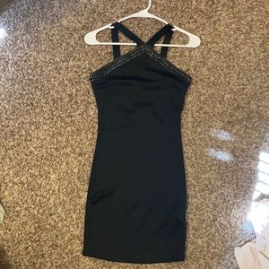 High neck, black mini dress